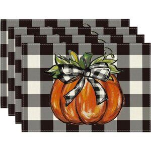 Buffalo Plaid Pumpkin Fall Placemats Set of 4, 12x18 Inch Seasonal